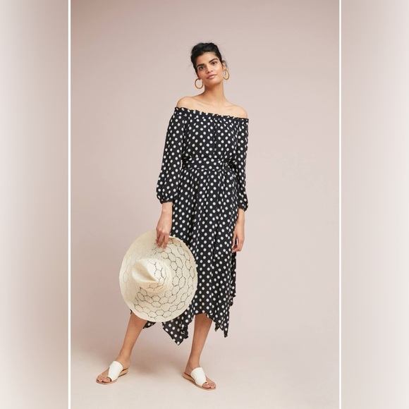 Anthropologie Dresses & Skirts - Anthropologie Maeve Black and White Dotted of the Shoulder Dress, Size 4